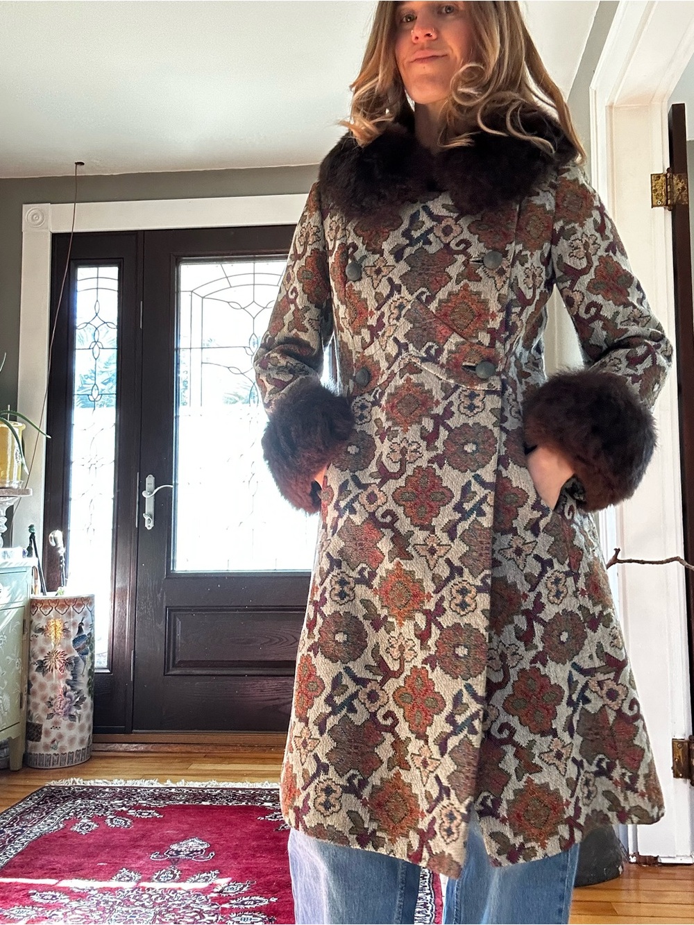 Vintage Tapestry Coat with Rabbit Trim